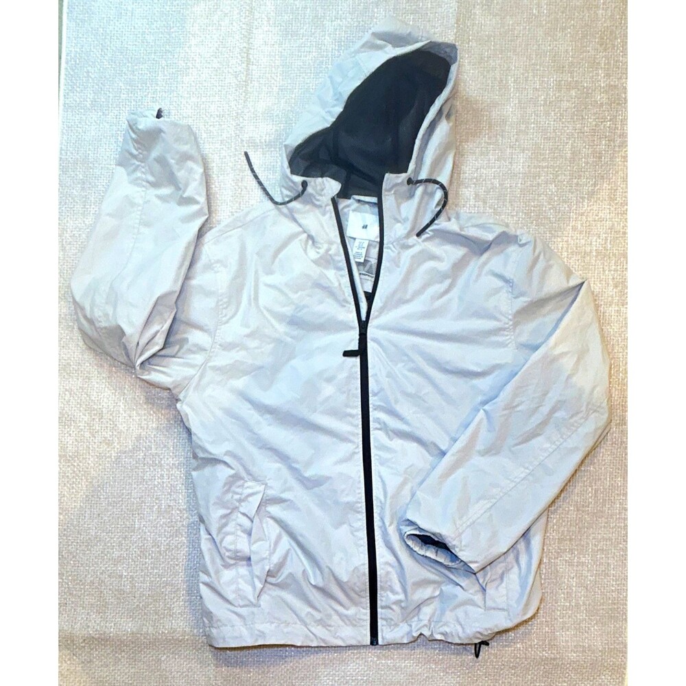 H&M Men’s Windproof Hooded Windbreaker Jacket Gray M Full Zip Pockets